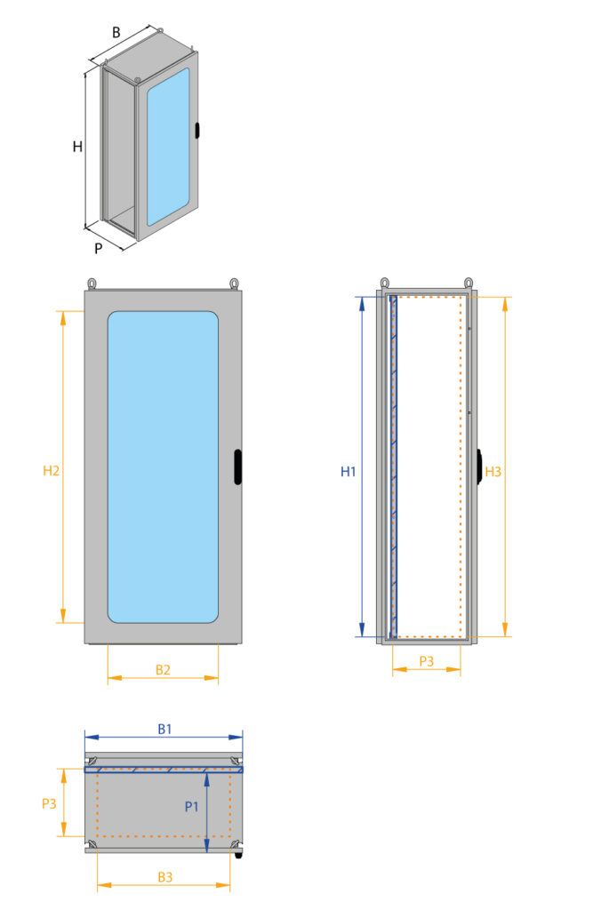 Technical drawing - ML modular floor-standing enclosures with polycarbonate door